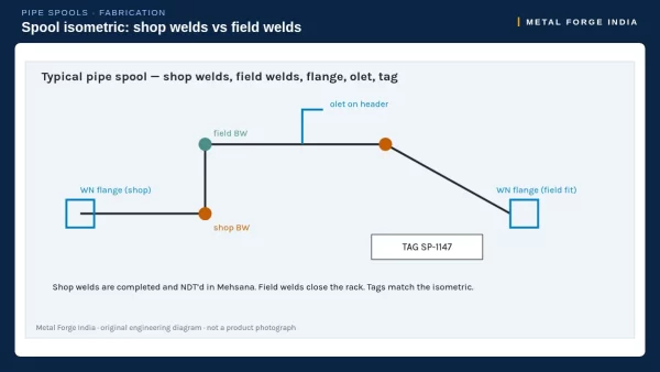 Pipe spool isometric diagram showing shop welds, field welds, flanges, olet and spool tag